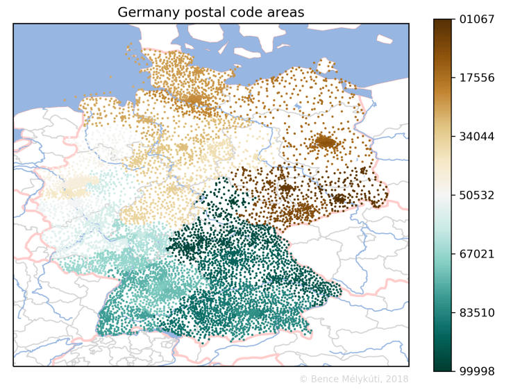Germany postal code areas with small markers