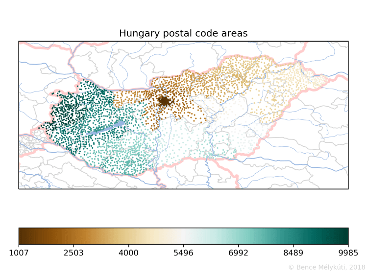 Hungary postal code areas with small markers