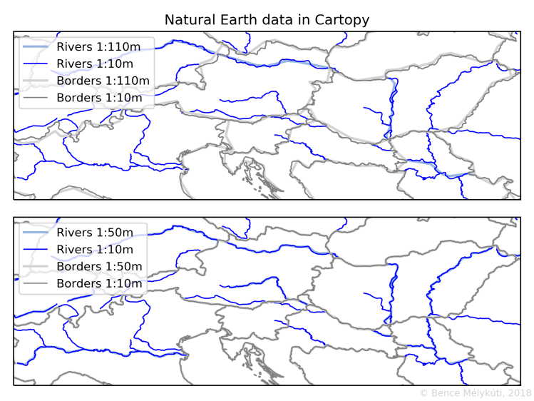 Natural Earth data at different scales plotted with Cartopy