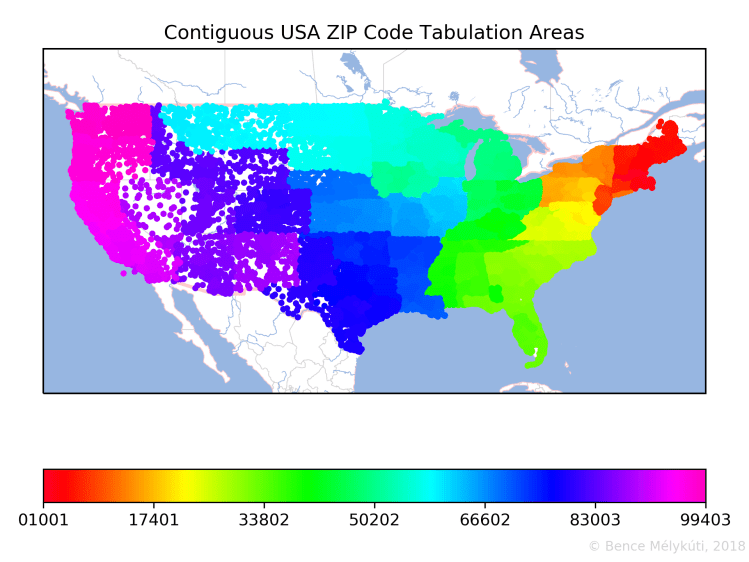 Contiguous USA ZIP Code Tabulation Areas in rainbow colours