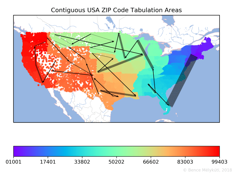 Contiguous USA ZIP Code Tabulation Areas with arrows for long jumps