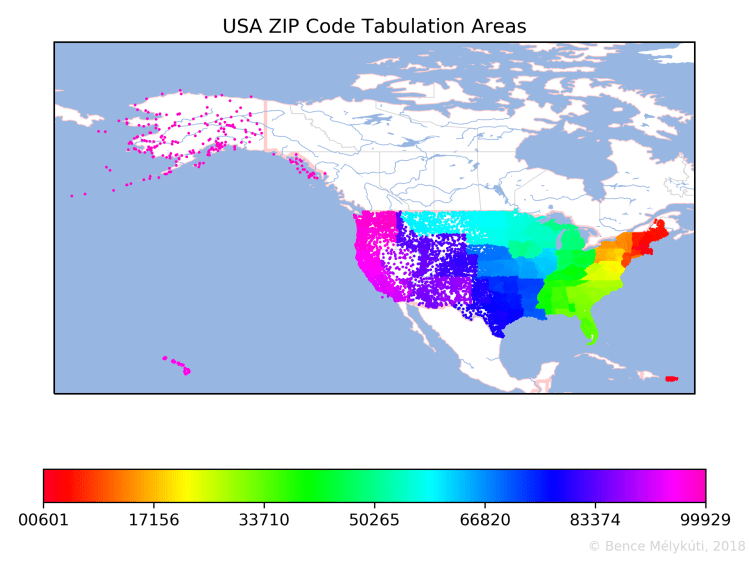 USA ZIP Code Tabulation Areas in rainbow colours