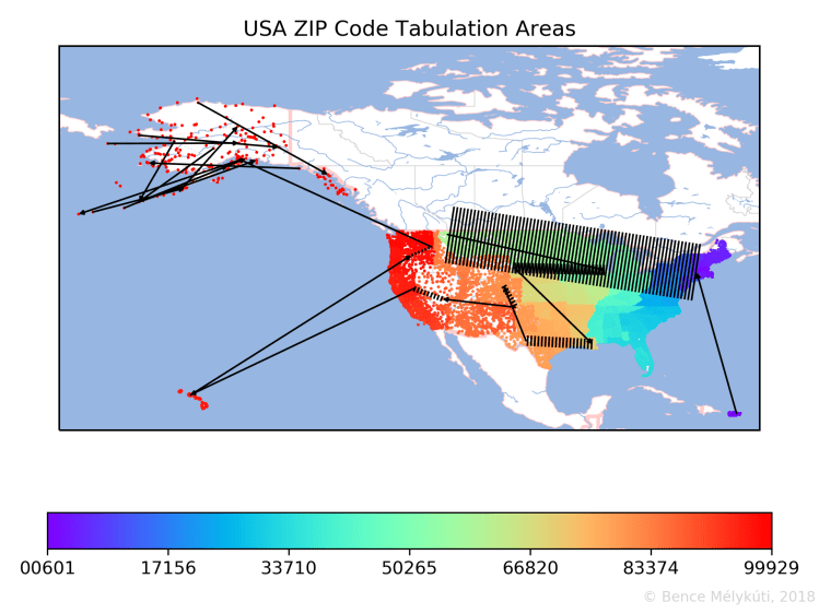 USA ZIP Code Tabulation Areas with arrows for long jumps